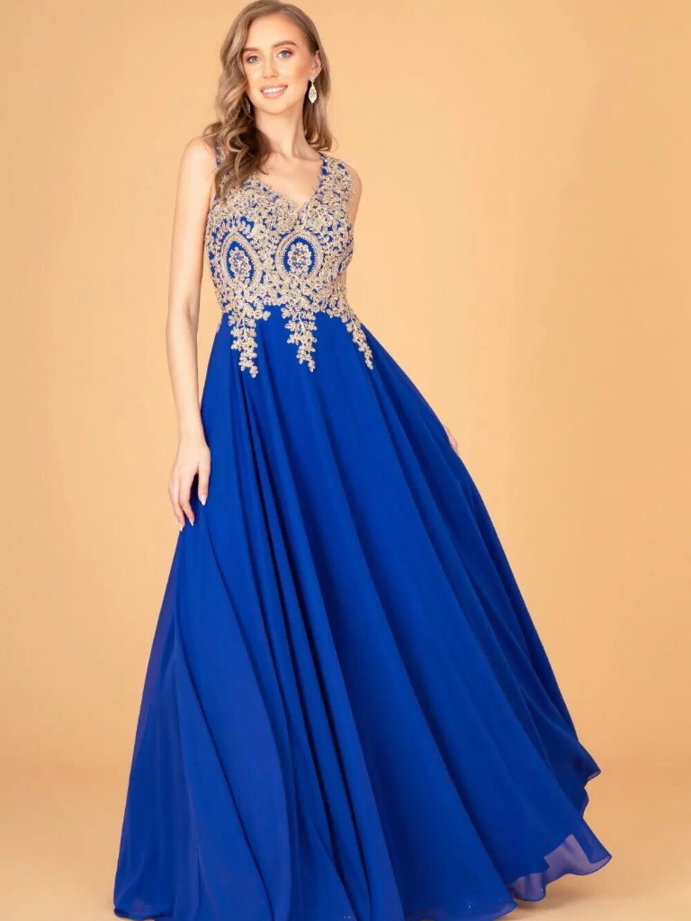 NEW ROYAL BLUE Chiffon & Embroidered V-Neck Evening Gown Floor Length GL2311